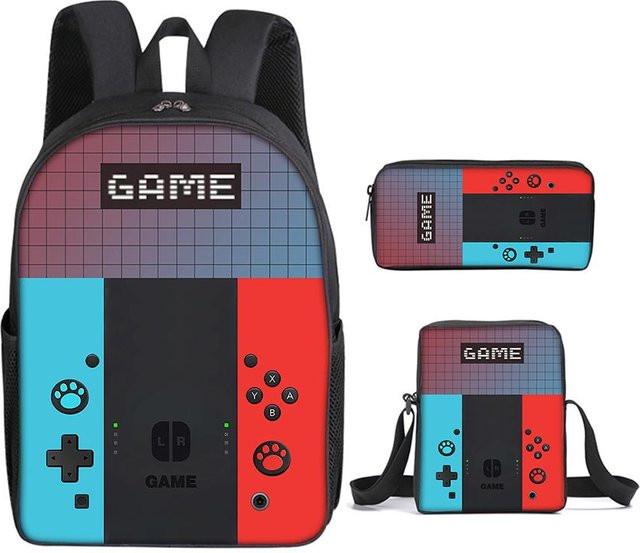 BAOERYE 3-teiliges Schulset mit Schultasche, Messenger Bag und Federmäppchen im Spielekonsole-Design für Kinder, Mehrfarbig - Bild 1