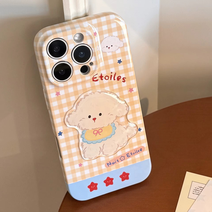 MUQGEW Stoßfeste Handyhülle mit 3D-Cartoon-Welpen und Gittermuster für iPhone 11 bis 16 Pro Max inklusive Lanyard, Mehrfarbig - Bild 4