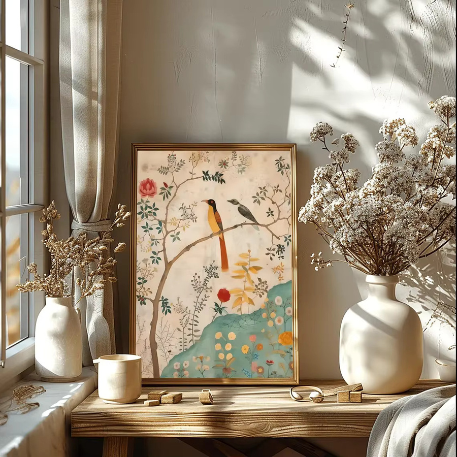 Vintage persisches Kunstposter mit traditionellem Vogel- und Blumendruck von WallStoryPrintsUK, botanische Wandillustration im Boho-Stil, mehrfarbig - Bild 5