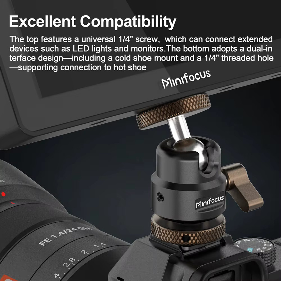 Minifocus Kamera Blitzschuhhalterung mit 360-Grad-Kugelkopf und 1/4 Zoll Schraube, Stativadapter für Kamera-Monitor, Video und LED-Licht, Schwarz - Bild 3