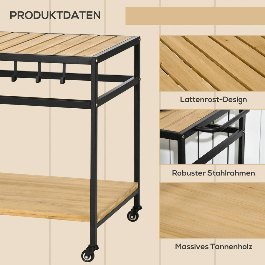 Outsunny Servierwagen Barbecue Trolley aus Massivholz und Stahl in Natur mit 2 Regalen und Haken, B/T/H: 65 x 107 x 80 cm - Bild 4
