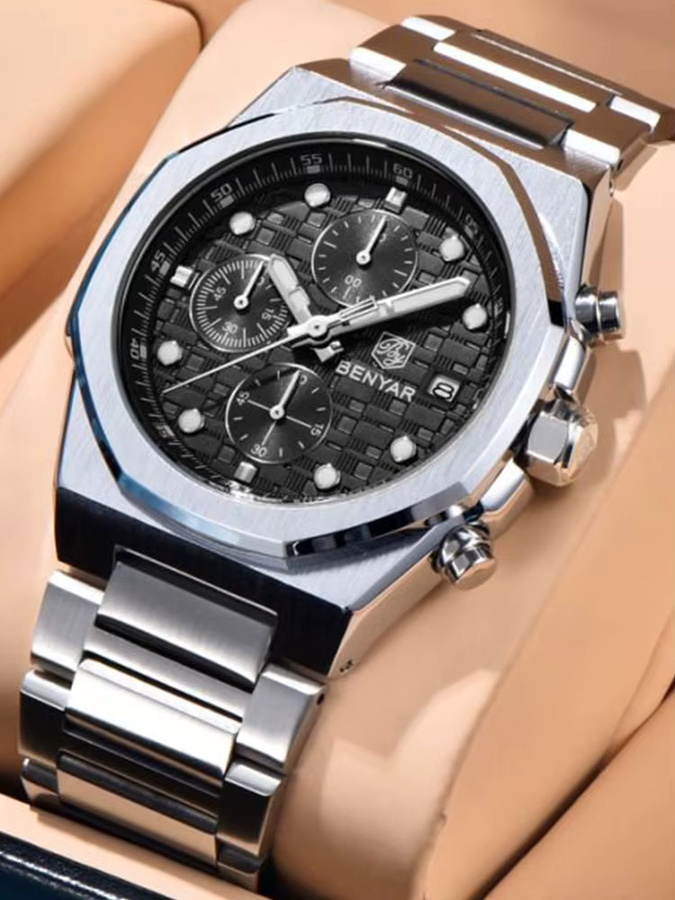 BENYAR Chronograph, Quarz, Edelstahl, 40 mm, Herren, Blau, Silber - Bild 6