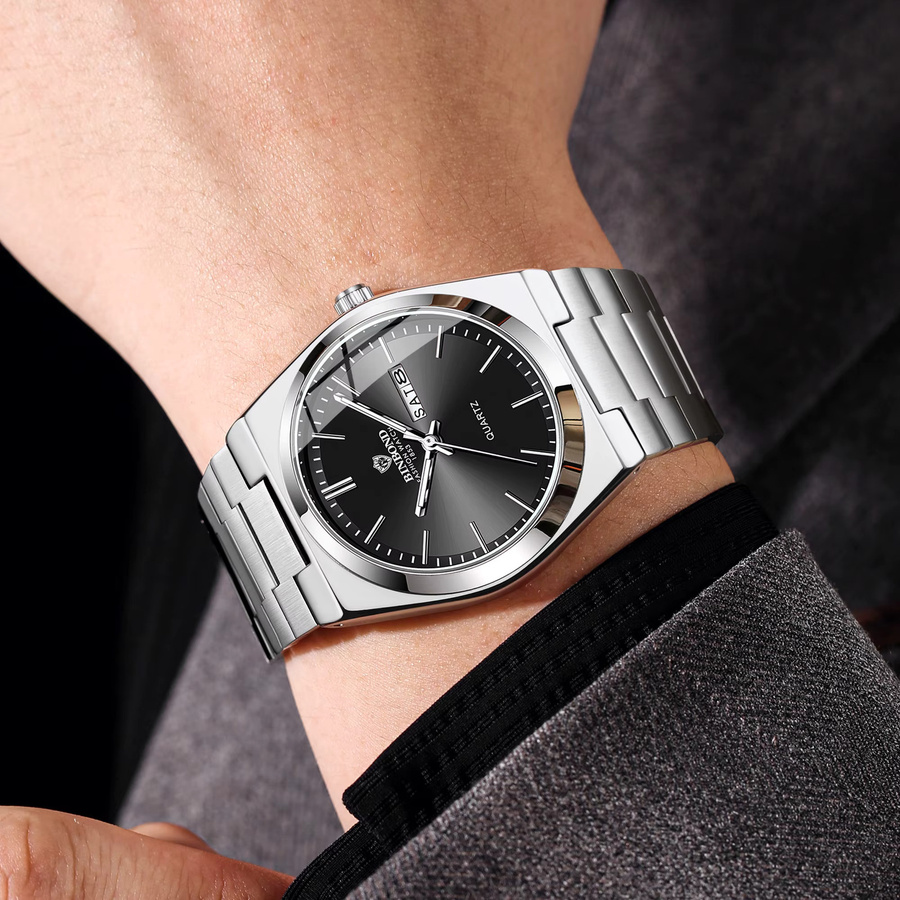 BINBOND Armbanduhr Quarz, Edelstahl, Schwarz, Silber, Herren - Bild 4