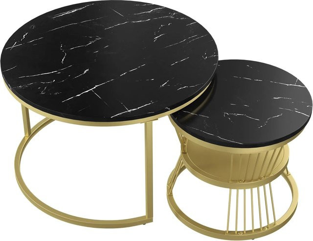 PXloue Satztisch 2er Set Rund mit Metallrahmen in Schwarz für dein Wohnzimmer - Bild 1