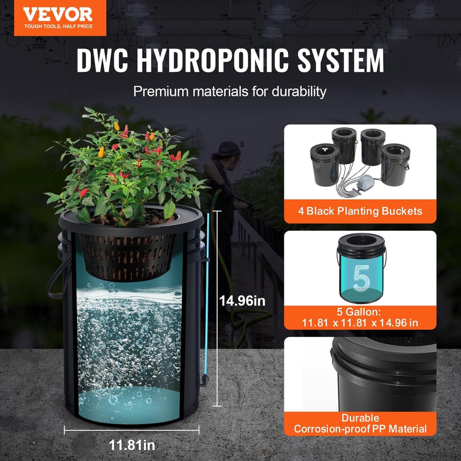Buying Solutions MB DWC Hydroponik Anbausystem Deep Water Culture mit Tropfbewässerungs-Kit und 4 Eimern für Blattgemüse - Bild 6