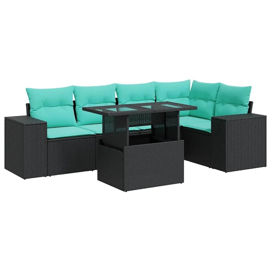 vidaXL 6-teilige Garten-Sofagarnitur in L-Form aus Polyrattan und Akazie mit Kissen in Schwarz - Bild 2