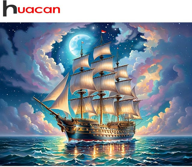 Huacan Rundes Diamantgemälde Mond und Segelboot im maritimen Landschaftsdesign, Mehrfarbig, Durchmesser: 30 cm - Bild 1
