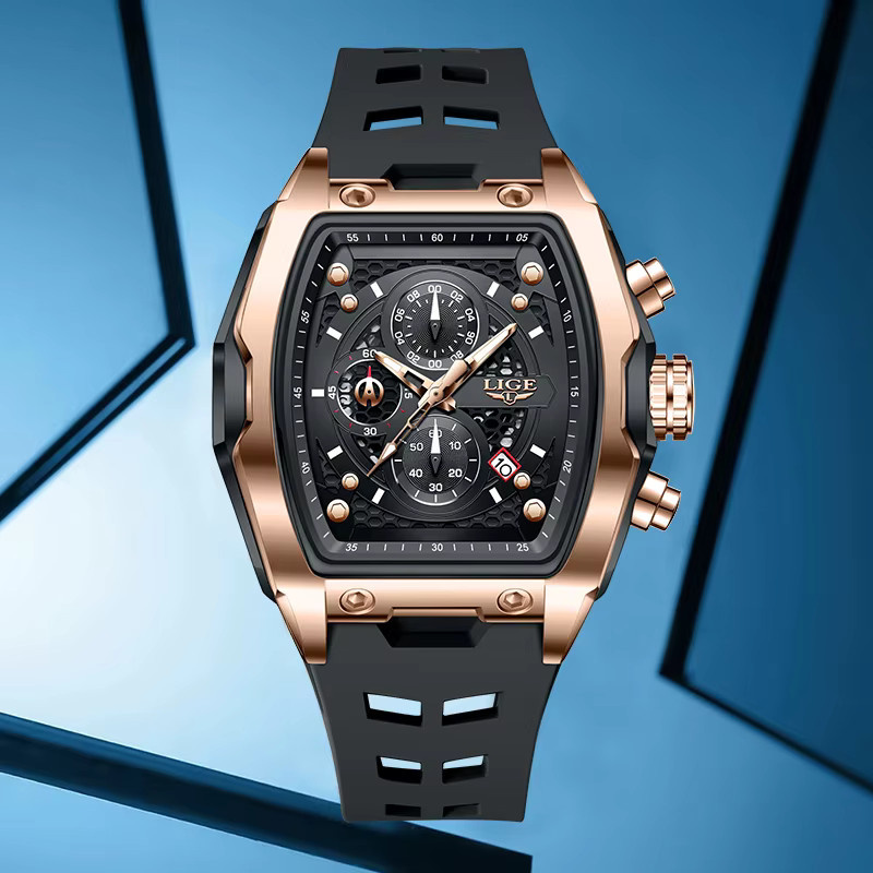 LIGE Armbanduhr Quarz, Eckig, Silikon, Schwarz, Herren - Bild 3