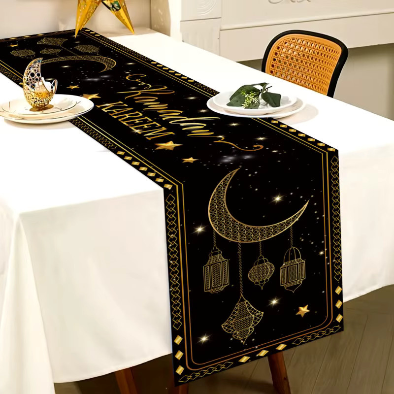 VIKAMA Ramadan Tischflagge Starlight in Schwarz-Gold mit Sternen und Mond als luxuriöse Dekoration für das muslimische Festival, B/T: 90,0 x 33,0 cm - Bild 4