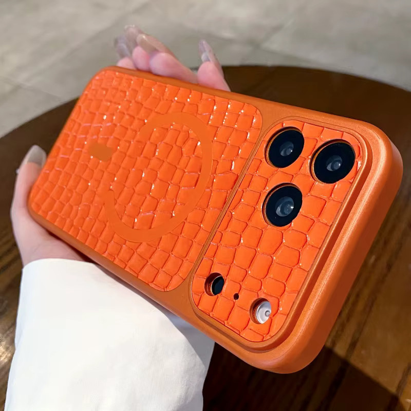 Magnetische Krokodilleder Hülle für Apple iPhone 17 16 15 14 13 Pro Max in Orange mit MagSafe Kompatibilität und Stoßfestem Retro Design - Bild 2