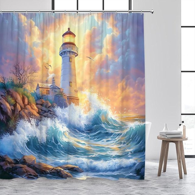 Dai Jiaochuan Duschvorhang Blue Ocean mit Leuchtturm und Meereswellen in Aquarellkunst, Blau, B: 60 cm, H: 190 cm - Bild 1