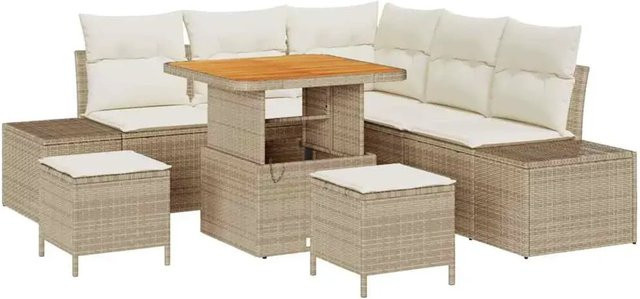 vidaXL Garten-Sofa-Set aus Poly-Rattan in Beige, 8-teiliges L-Shape Lounge-Set mit Kissen und Tisch - Bild 1