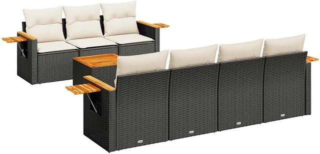 vidaXL 8-teilige Garten-Sofagarnitur in L-Form aus Poly-Rattan und Akazienholz mit Kissen in Schwarz und Cremeweiß - Bild 1