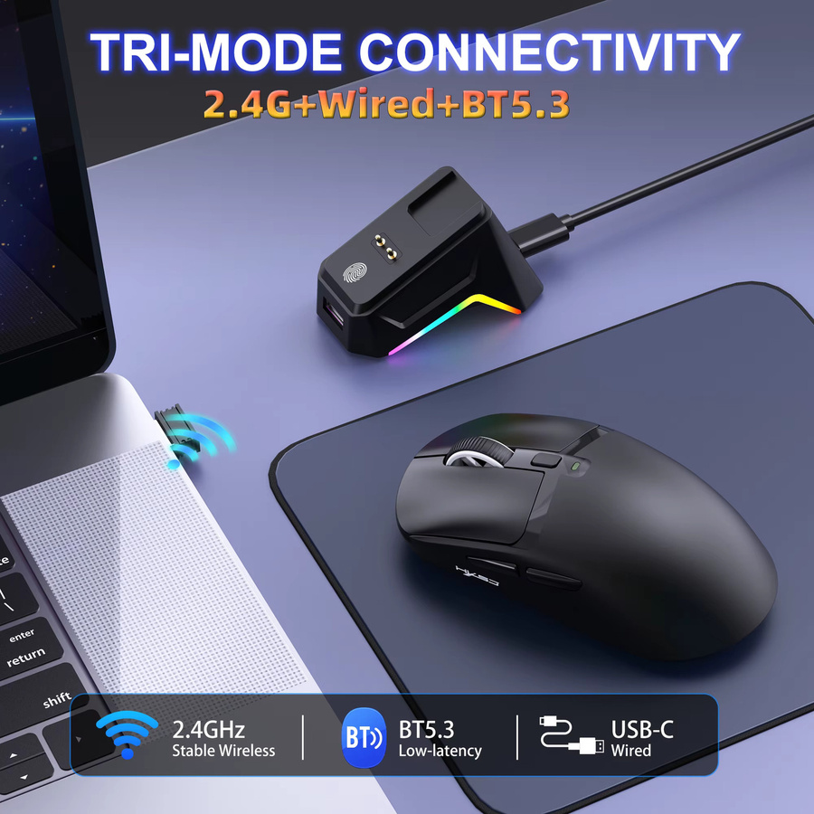 HXSJ T10 Kabellose Gaming-Maus mit Bluetooth und Ladestation, Schwarz, 6 Tasten, Optisches Design für Rechtswender - Bild 3