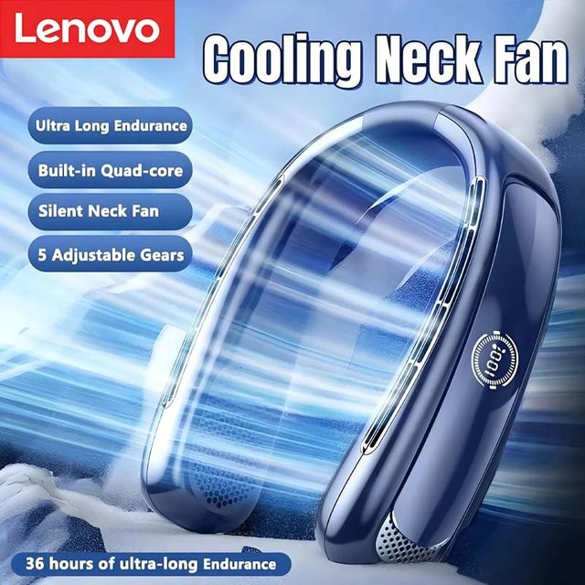 Lenovo Tragbarer Nackenventilator mit Smart Digital Display, 15000mAh, USB-aufladbar, Blattlos und Geräuscharm, Blau - Bild 1