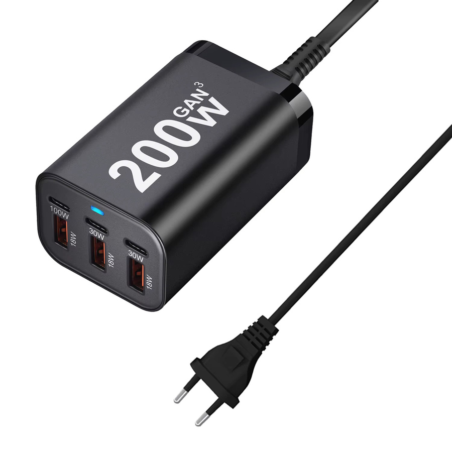 Deepartner 200W USB-C Schnellladegerät mit 6 Ports, kompaktes Netzteil in Schwarz für iPhone und Samsung Galaxy - Bild 3