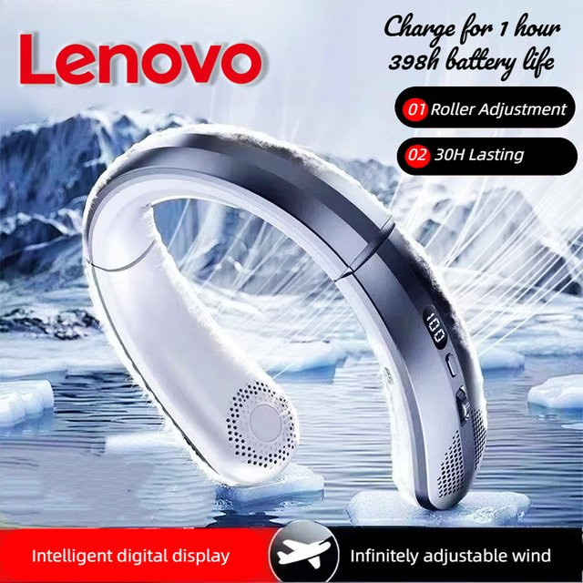 Lenovo Mini Halsventilator Gold, tragbarer blattloser elektrischer Luftkühler mit 8000 mAh Akku, USB wiederaufladbar und LED-Digitalanzeige - Bild 1