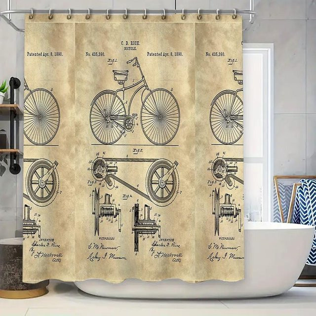 Duschvorhang mit Vintage Fahrrad Bauplan Design von Monika Chen in Beige, wasserdicht und schimmelresistent, B: 90 cm, H: 165 cm - Bild 1