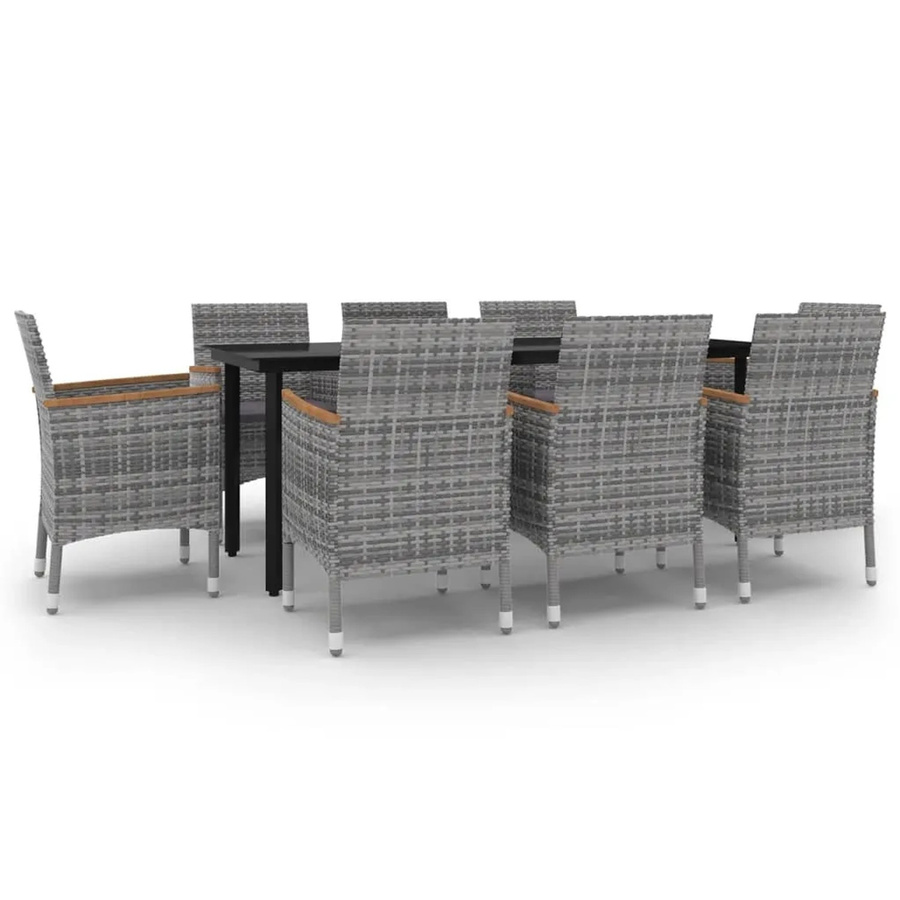 vidaXL 9-teilige Garten-Essgruppe aus Poly-Rattan mit Glasplatte und Kissen in Grau und Schwarz - Bild 2