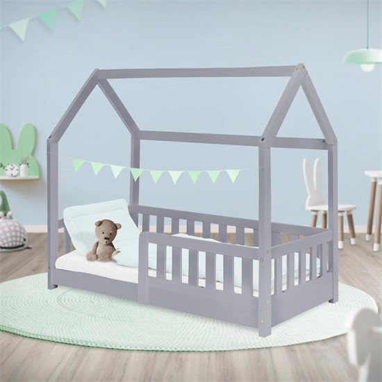 ML-Design Kinderbett Hausbett aus Kiefernholz mit Rausfallschutz und Lattenrost, Hellgrau, B: 70 cm, L: 140 cm, H: 127 cm - Bild 1