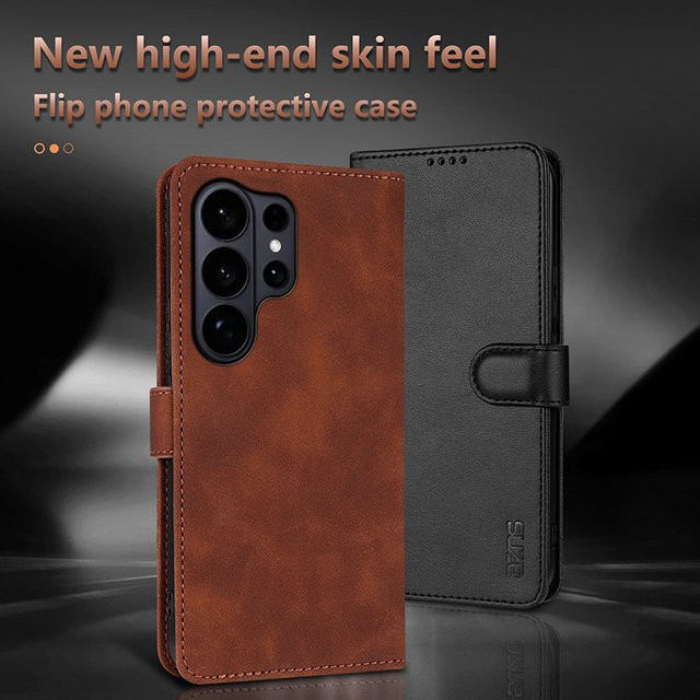 Stoßfeste Ledertasche für Samsung Galaxy S26 Ultra, S25 Edge, S24, S23 FE und S22 Plus mit faltbarem Kartenetui-Halter in Braun - Bild 1