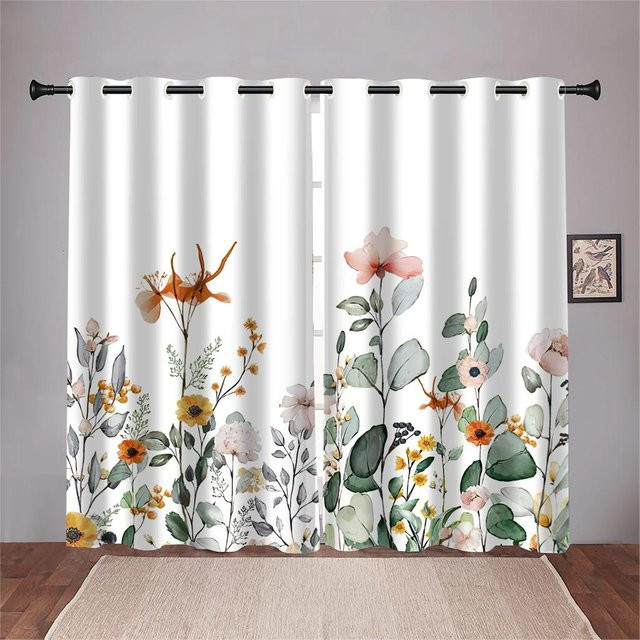 Yiran Furniture Vorhänge mit Blumen- und Blattmuster in Grün, 2 Paneele, semi-transparent, Polyester, mit Ösen, B: 50 cm, H: 60 cm pro Paneel - Bild 1
