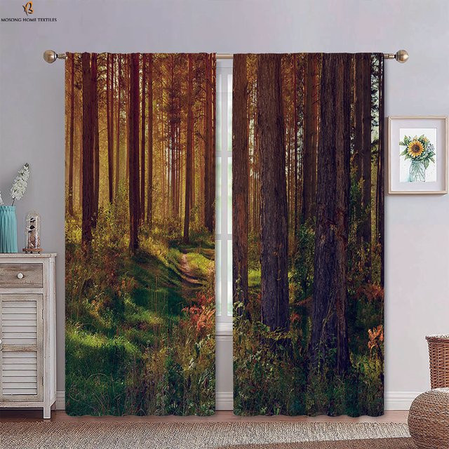 2er-Set Vorhänge mit Herbst Nebel Wald Landschaft Motiv aus Polyesterfaser, Mehrfarbig, Breite: 50 cm, Höhe: 130 cm - Bild 1