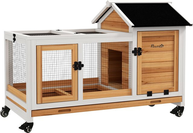 PawHut Kaninchenkäfig aus Holz auf Rollen, mobiler Kleintierstall in Gelb und Weiß, B/T/H: 108 x 58 x 73,5 cm - Bild 1