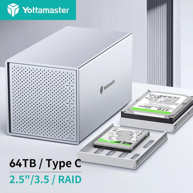 Yottamaster PS400 Externes 4-Schacht-RAID-Gehäuse aus Aluminium in Silber mit USB 3.0 und SATA 3.0 für 2,5 und 3,5 Zoll HDDs bis 64 TB - Bild 1