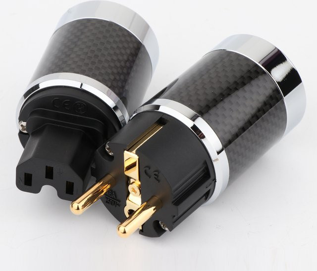 Preffair EU-Schuko-Stecker Paar in Schwarz mit Kohlefaser-Optik, 2-polig, Gold/Rhodium-beschichtet, DIY Netzadapter - Bild 1