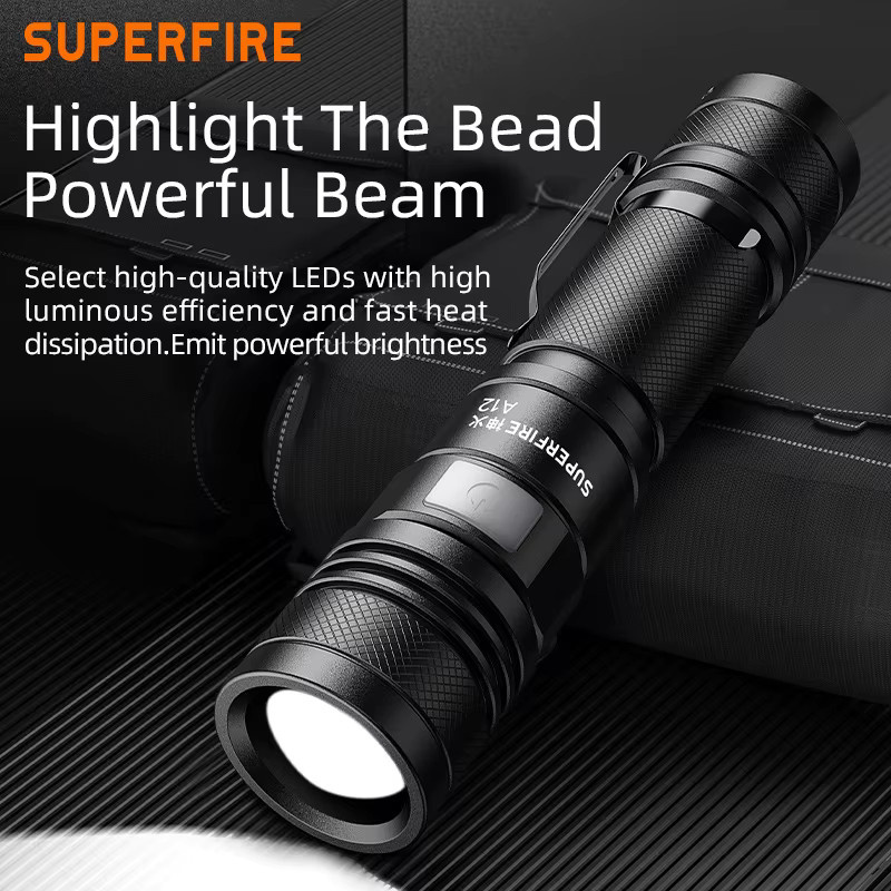 SUPERFIRE A12 Taktische Hochleistungs-LED-Taschenlampe mit Zoom und USB-Wiederaufladung, Wasserdicht, 5 Modi - Bild 3