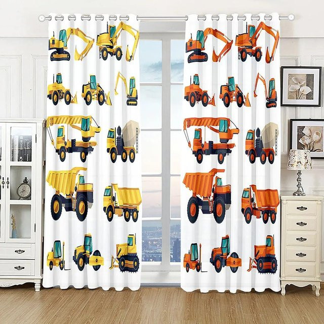 2er-Set Kindergardinen mit 3D-Bauernhof-Motiv Traktor LKW Bagger Bulldozer, halbtransparent, Polyester, Mehrfarbig, Breite: 70 cm, Höhe: 165 cm - Bild 1