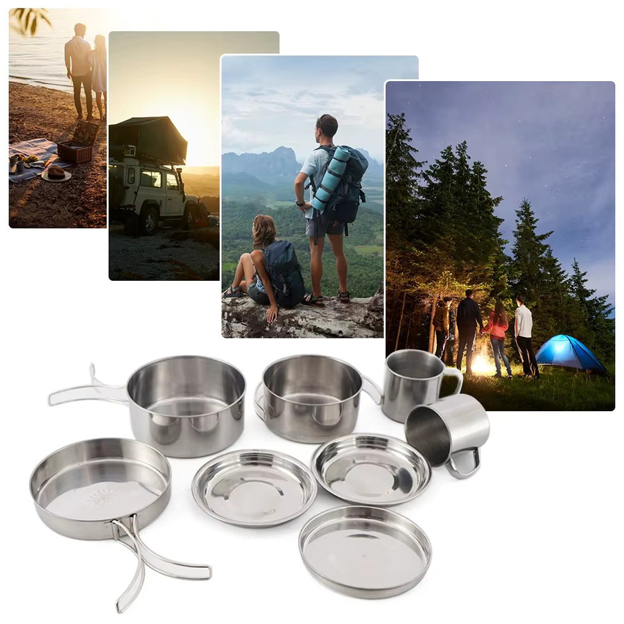 LISM Camping Kochgeschirr Set aus Edelstahl in Silber, 8-teiliges Mess Kit mit Kochtopf und Pfanne für Outdoor, Wandern und Rucksackreisen - Bild 3