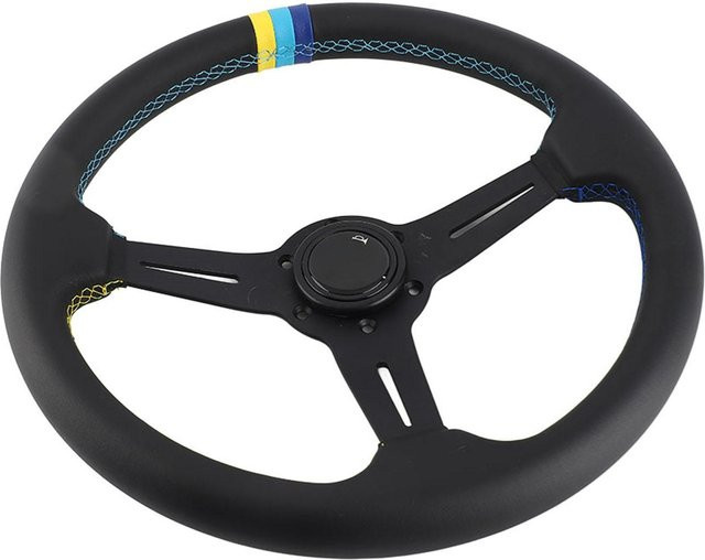 TOMTOP JMS Rennsportlenkrad mit Hupe aus schwarzem Leder, 350 mm Durchmesser, 6-Schrauben-Halbschale, Schwarz - Bild 1