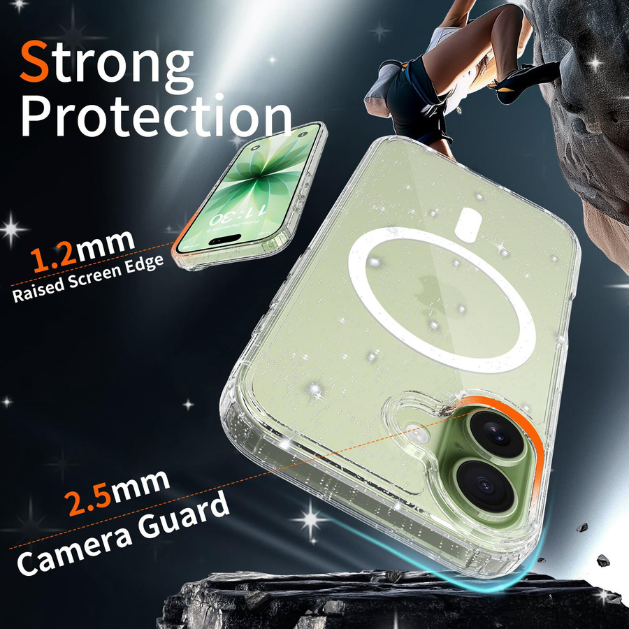 NYFundas Hybrid Schutzhülle mit MagSafe und Glitzer für iPhone 17, 16, 14, 13 Pro Max Plus – Transparent - Bild 3