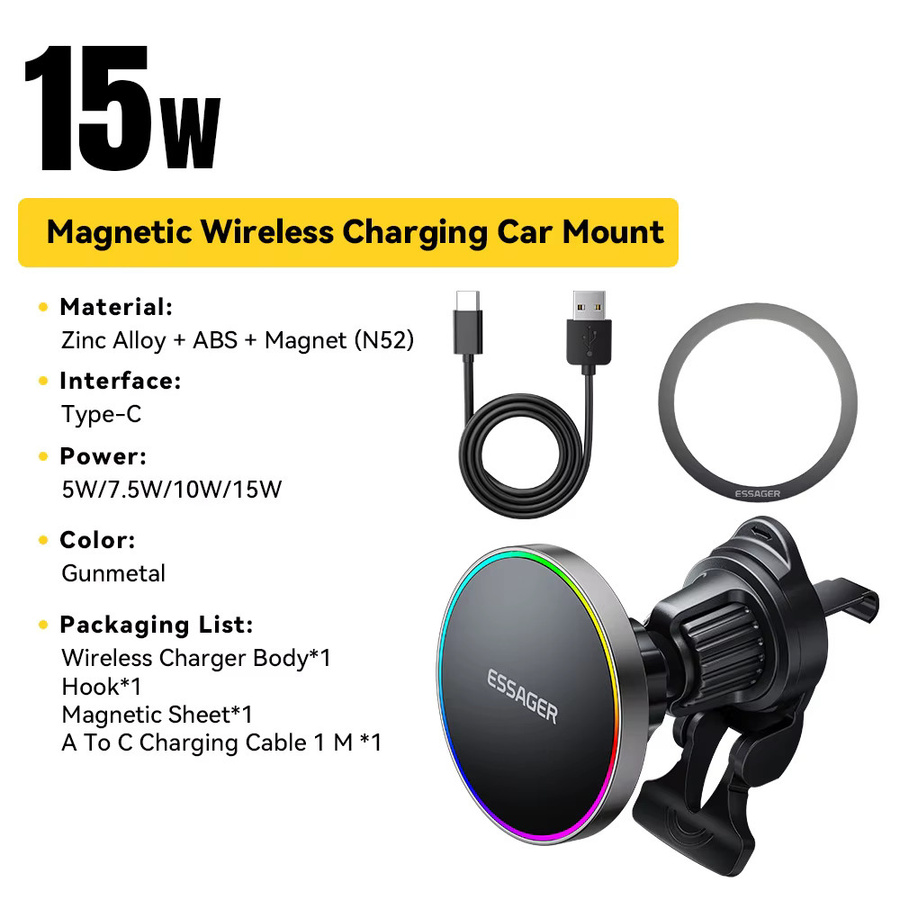 Essager RGB Magnetischer Autotelefonhalter mit 15W Qi Drahtlosem Ladegerät für iPhone 16 15 14 13 Pro und Magsafe kompatible Smartphones, Schwarz - Bild 7