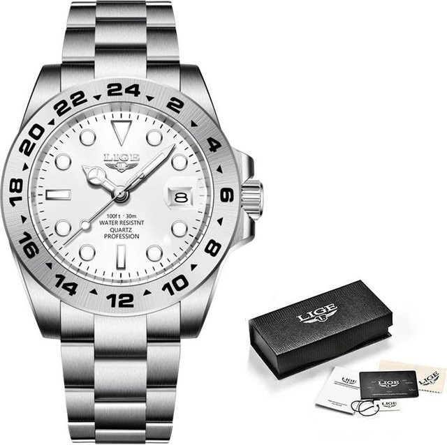 LIGE Armbanduhr Quarz, Edelstahl, Weiß, Silber, Herren, 43 mm - Bild 1