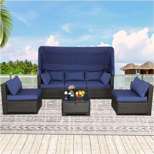 HTI-Living 6-teiliges Gartenlounge-Set aus Polyrattan in Blau/Braun mit Polsterkissen und Stahlrahmen - Bild 1