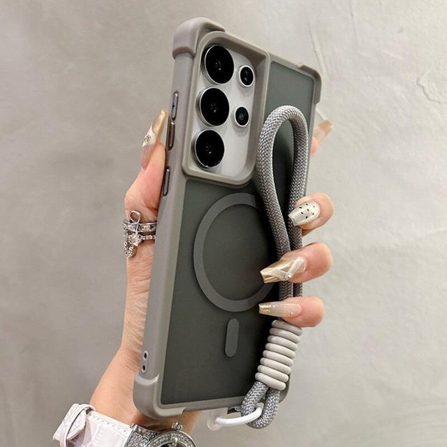 Magnetische Schutzhülle für Samsung Galaxy S23 S24 S25 S26 Ultra Plus mit Airbag-Schutz und Armband Lanyard in Transparent und Grau - Bild 1