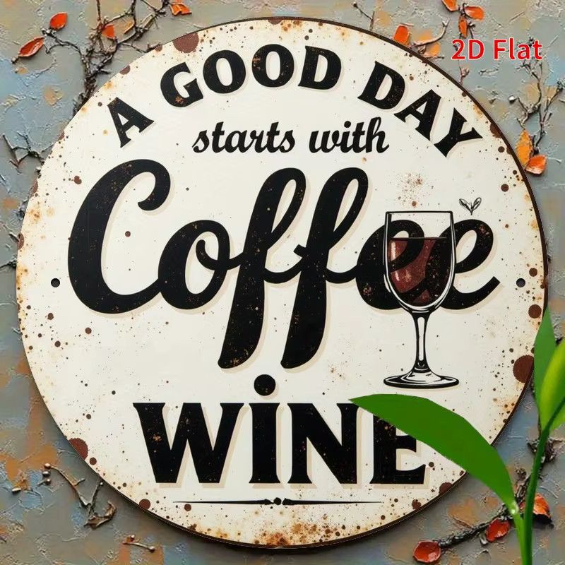 Potdemiel Vintage-Metallschild Wanddekoration rund Durchmesser: 19,81 cm mit Spruch Kaffee und Wein - Bild 4