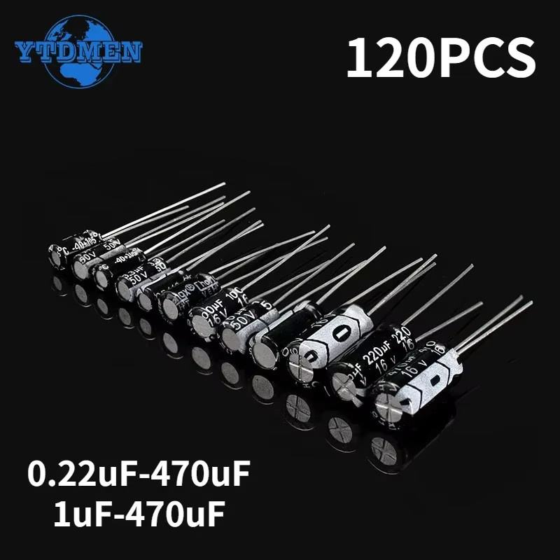 YTDMEN 120er Set Aluminium-Elektrolytkondensatoren in Schwarz mit 12 Werten von 1UF bis 470UF und Spannungen von 16V, 25V und 50V - Bild 3
