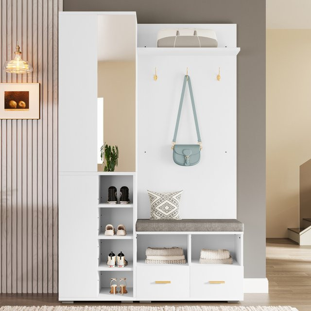 PINGGO Wandkleiderschrank-Set in Weiß mit Spiegel, Schuhbank und Haken für Flur und Schlafzimmer, B/T/H: 120 x 35 x 190 cm - Bild 1