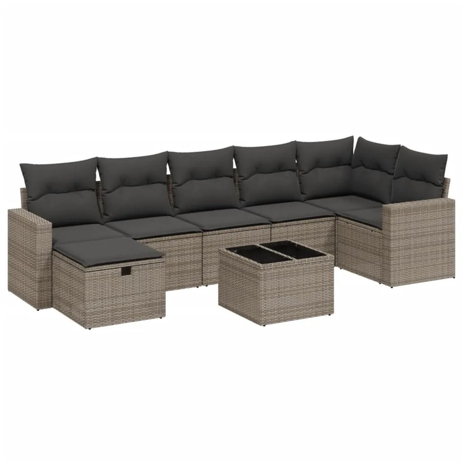 vidaXL 8-teilige Garten-Sofagarnitur in L-Form aus grauem Poly-Rattan mit Kissen und Glastisch - Bild 2