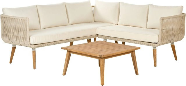 Beliani Sitzgruppe ALCAMO in L-Form mit Couchtisch, Hellbeige, Polstergarnitur für Garten und Terrasse mit UV-beständigem Polyester und Akazienholz - Bild 1