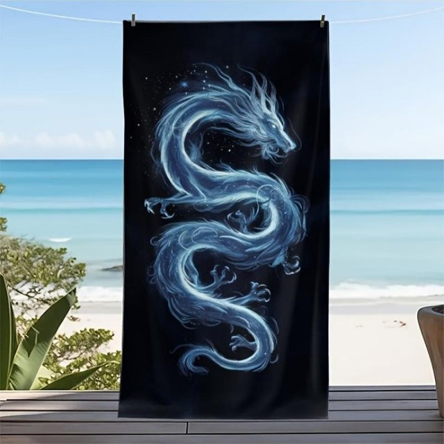 Strandtuch mit Drachenmuster und Sternenhimmel in Blau und Weiß, B: 40 cm, H: 60 cm - Bild 1
