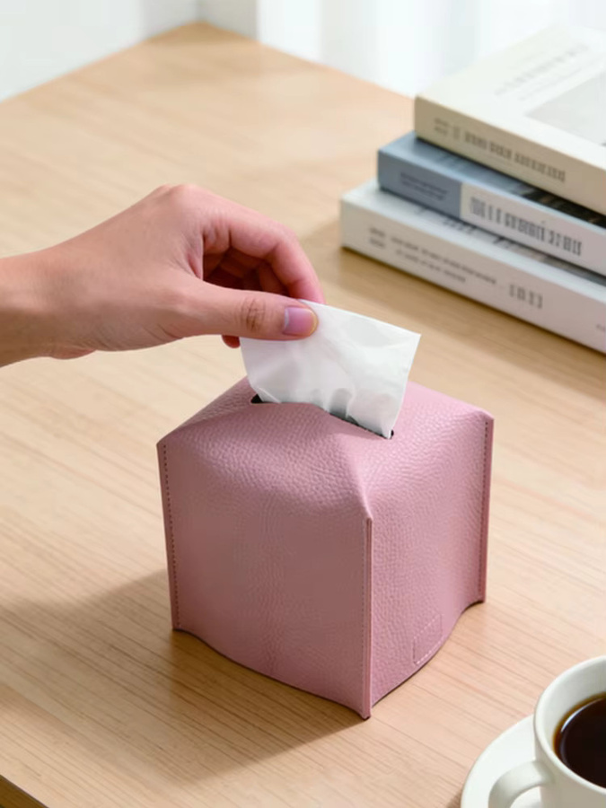 Dekorative Taschentuchbox aus PU-Leder als Organizer für Büro, Badezimmer und Nachttisch in Grau oder Pink - Bild 4