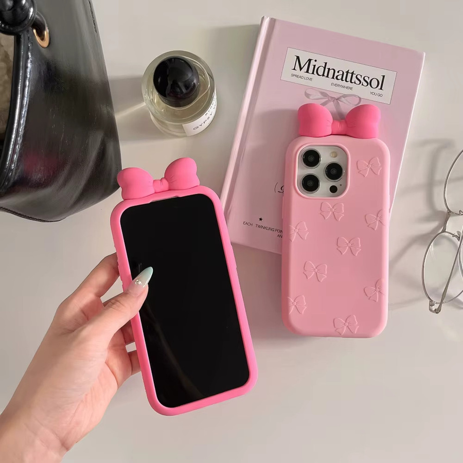 Rosa Silikon Handyhülle mit dreidimensionaler Schleife für Apple iPhone 16, 15, 14 und 13 Pro Max - Bild 2