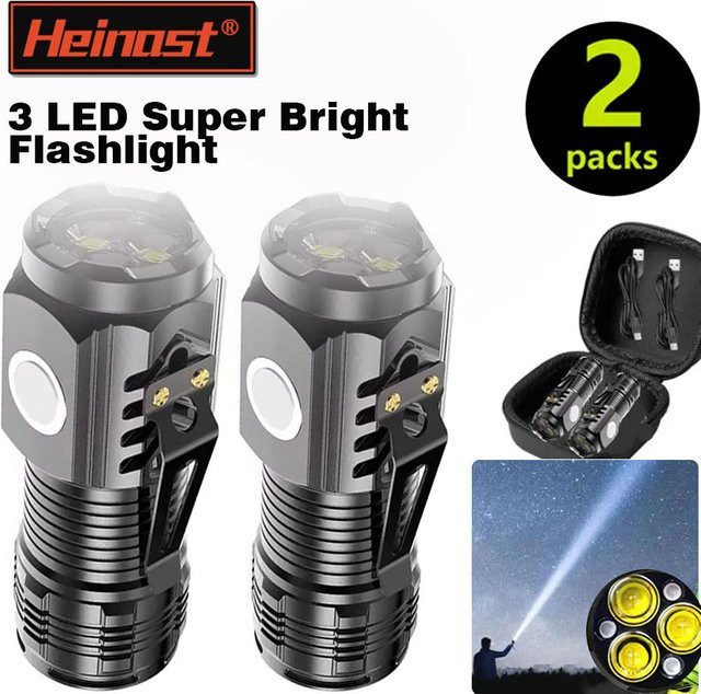 Tragbare Mini 3LED Taschenlampe mit Stiftclip, wiederaufladbarer wasserdichter Notfallscheinwerfer für Outdoor und Nachtwanderung, Schwarz - Bild 1