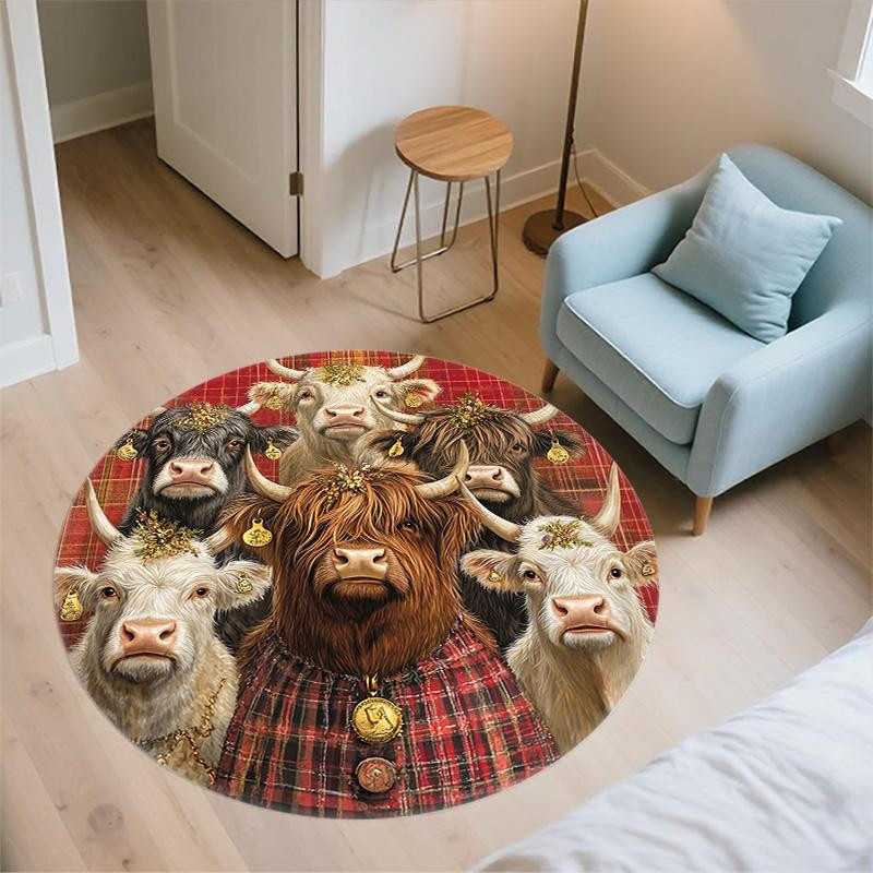 Runder Teppich Hochlandkuh von DayByDayLove, rutschfeste Bodenmatte aus Polyester für Wohnzimmer, Schlafzimmer und Spielzimmer, Durchmesser: 80 cm - Bild 4