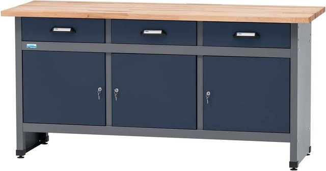 Küpper Werkbank mit 3 Türen und 3 Schubladen aus Vollbuchenplatte, Dunkelblau, B/T/H: 170 x 60 x 84 cm - Bild 1